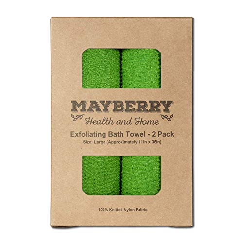 Extra Long (36 Inches) Exfoliating Bath Cloth (2 Pack) Green Nylon Bath Towel, Stitching on All Sides for Added Durability
