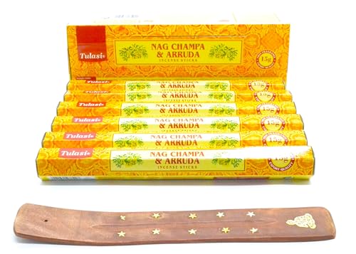 120 x Rue y Magnolia. Tulasi Varillas de Incienso Nag Champa y Arruda, 6 Cajas, con Soporte de Madera Decorado con Estrellas