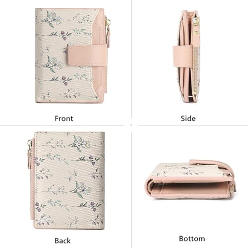 Image of Small Wallets for Women Leather Bifold Zipper Pocket Wallet Cute Flower Credit Card Holder Coin Purse with ID Window