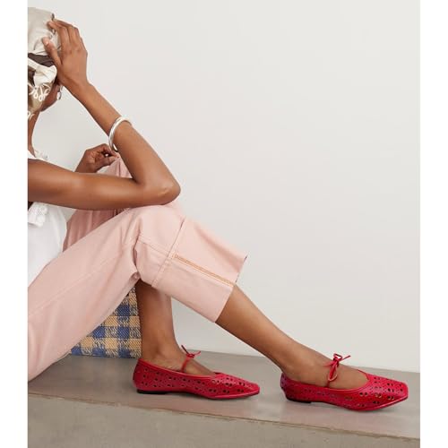 Image of Ballet Flats for Women Lace Up Bow Square Toe Mary Janes Cute Ballerina Shoes Slip On Comfortable Elegant Dress Shoes