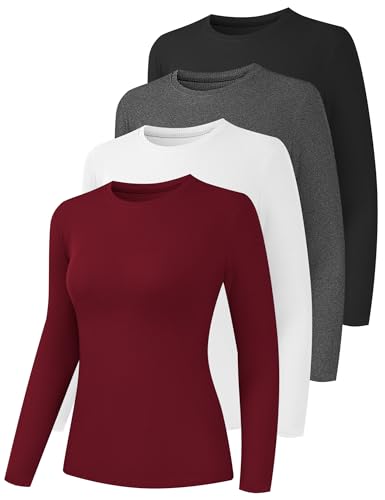 Siimcuzy 4 Pack Women's Long Sleeve Shirts Ribbed Slim Fit Basic Compression Casual Workout Gym Fall Undershirts Tops 1 Black 1 Heather Grey 1 White 1 Wine X-Small