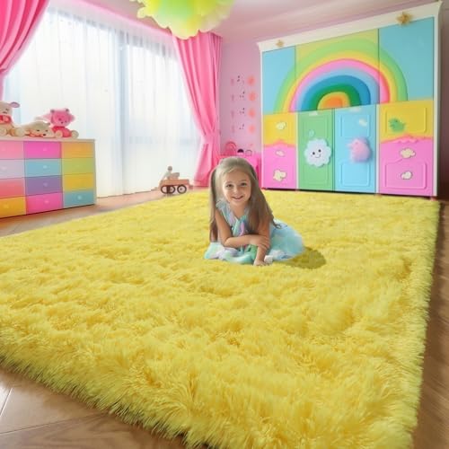 Amdrebio Yellow Area Rug for Bedroom Living Room, 5x7 Fluffy Fuzzy Plush Rugs for Kids Room Decor Aesthetic, Cute Furry Shag Kawaii Carpet for Playroom Classroom Nursery Teen Girls Boys Baby Toddler