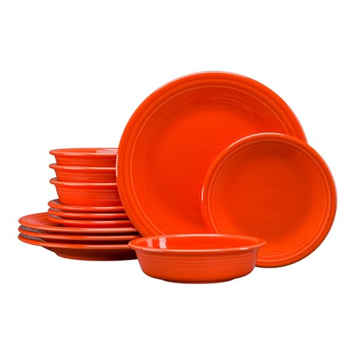 Fiesta Classic Rim 12-Piece Dinnerware Set Durable Ceramic Lead-Safe Dishwasher/Microwave/Oven Safe Made in USA Dinnerware - Poppy