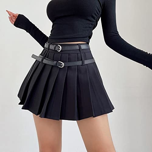 Womens Short Skirts - Double Belt Pleated Skirt Women Fashion High Waist A-Line Mini Skirt Casual Vintage Preppy S2