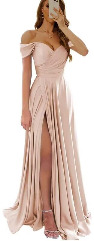 A-line Off The Shoulder Satin Bridesmaid Dress with Slit for Women Long Formal Evening Party Gowns