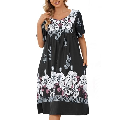 Image of House Dresses for Women with Pockets Mumu Dresses Short Sleeve Moo Moos for Women Nightgown Duster Lounge Dress S-3XL