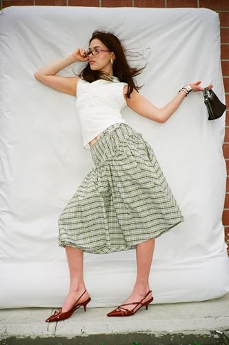 Women Y2k Plaid Midi Skirt High Waist Tie Up Ruffle Pleated A Line Vintage Preppy Gingham Flowy Skirt Streetwear4