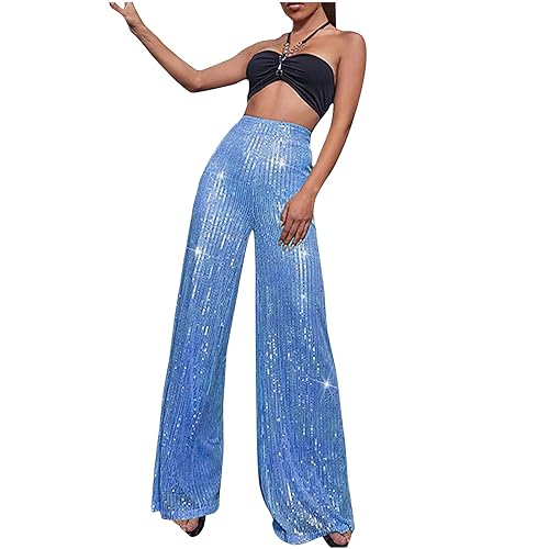XUNRYAN Sequin Pants Women's 70s Disco Outfits High Waist Wide Leg Palazzo Pants Party Clubwear Trousers Hippie Clothes Sky Blue