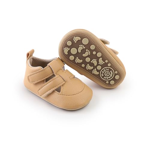 Image of HsdsBebe Baby Boys Girls Pu Leather Hard Bottom Walking Sneakers Toddler Rubber Sole First Walkers Infant Cartoon Slippers Crib Shoes