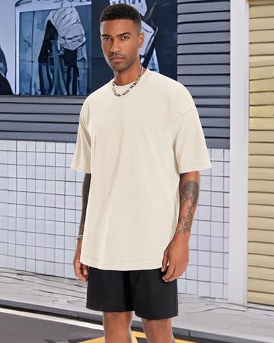 Oversized Tshirts for Men Short Sleeve Vintage Washed Basic Loose Tees, Pure Beige, L - Image 4