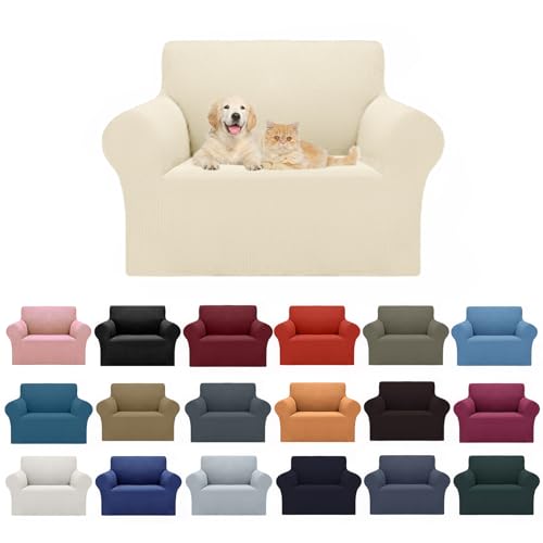 Cupuamon 2026 New Stretch Chair Sofa Slipcovers Couch Cover for 1 Seater Furniture Protector Sofa Covers with Elastic Bottom Jacquard Fabric Small Checks for Pets, Kids - Beige