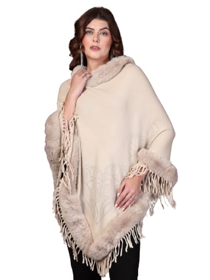 Round Neck Collar Poncho with Faux Fur Trim and Fringe-picture-32