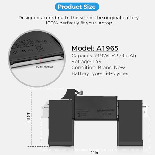 Image of A1932 Battery,A1965 A2179 Battery Replacement for MacBook Air 13 inch Model A1932 (Mid 2018, 2019) Model A2179 (2020 Release Version) (Upgraded High Performance 11.4V 49.9Wh 4379mAh)
