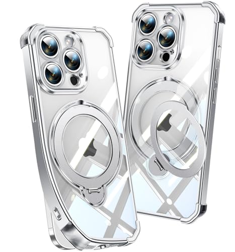 Image of Soft Case for iPhone 13 Pro with 360 Rotating Magnetic Stand, Compatible with Mag-Safe, 4X MIL-Drop Protection, Lightweight Glossy Anti-Yellowing Clear Back Phone Cover for iPhone 13 Pro, Silver