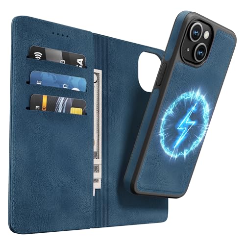 OASISBLUE Handyhülle für iPhone 14 Hülle [2-in-1 Magnetisch Abnehmbar] Kabelloses Laden Kompatibel Stoßfest Schutzhülle PU Leder Klapphülle - blau