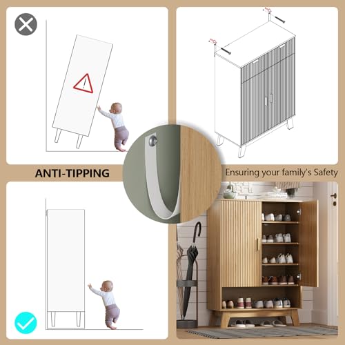 Image of Shoe Cabinet Storage for Entryway with Doors, 5 Tier Fluted Shoe Organizer with Adjustable Shelves, Entryway Shoe Storage with Wooden Legs, Freestanding Hidden Shoe Rack for Front Door Entrance, Oak