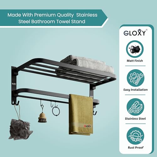 Image of Gloxy Premium Foldable Towel Rack in Bathroom with Towel Rod & Hooks Combo Pack of 2 - Stainless Steel Black Matte Finish Wall Mount Towel Stand /Towel Rod for Bathroom Fittings Accessories Set