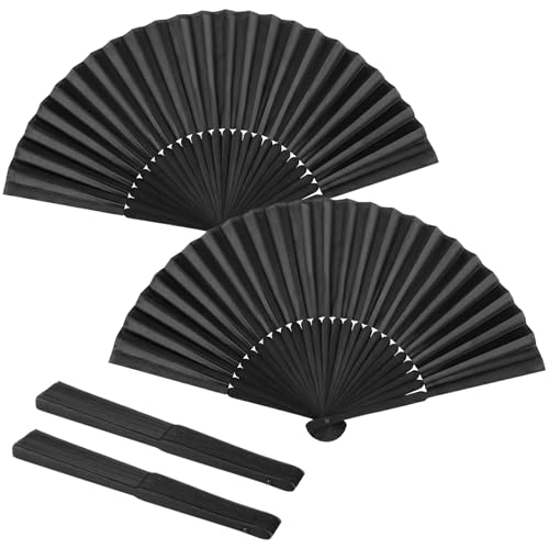 Tkocisa 2 Pack Bamboo Handheld Silk Folding Fan, Small Chinese/Japanese Folding Hand Fan for Women, Black Hand Fan for Wedding, Church, Performance, Dance, Beach, Travel, Party & Gift