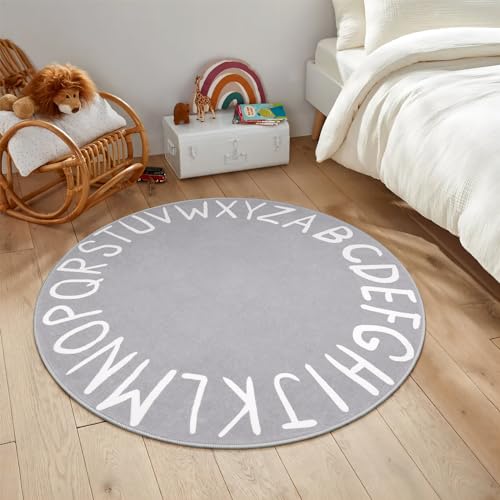 LIVEBOX Grey ABC Kids Rug for Playroom, Small Round Rug for Baby Nursery, Non-Slip Washable Rug for Kids Room, Soft Circle Carpet Learning Crawling Mat for Classroom Dorm(40″,Grey)