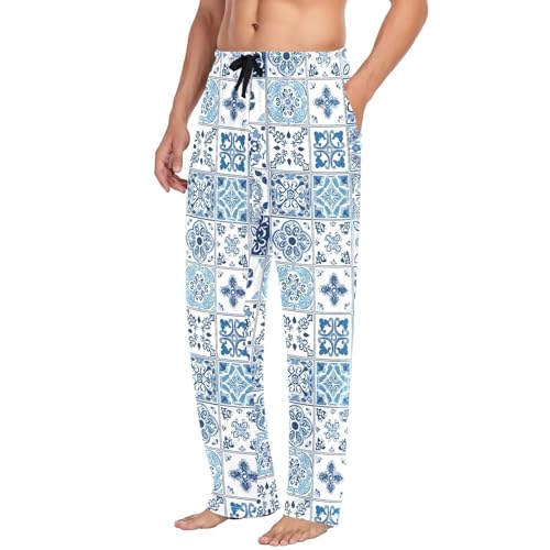 Men's Blue Vintage Tiles Pajama Pants with Pockets - Straight Fit Cotton Sleep Bottoms for Lounge & Nightwear#8084