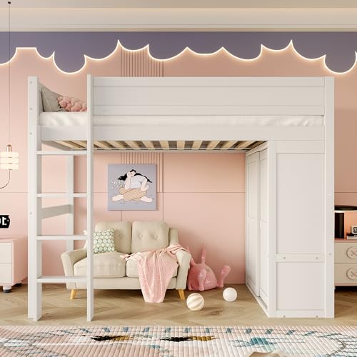 Kebnor 90 x 200 cm, cama alta versátil, cama infantil, equipada con armario, compartimento de almacenamiento, espacio bajo la cama abierta, sin colchón, madera de pino, color blanco