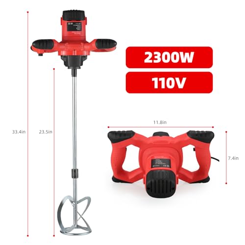 Cement Mixer 2300W, Handheld Electric Concrete Mixer with 6 Adjustable Speed, 110V Portable Mud Mixer Paint Mixer for Motar Grout Plaster Thinset Fodder Stirring Tool