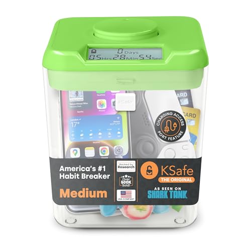 Kitchen Safe Time Locking Container, Phone Jail, Medication Lock Box, Break Bad Habits, Quit Smoking, Stop Snacking, Gaming Addiction, Family Time (Medium, Green Lid + 5.5” Clear Base w/Access Port)