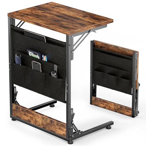 Image of Folding TV Tray Table, Large Size C-Shaped Side Table for Couch and Bed, Slide Under Sofa Side Table with Storage Bag - Sturdy Metal Frame Tray for Living Room, Bedroom, Home & Office (Rustic Brown)