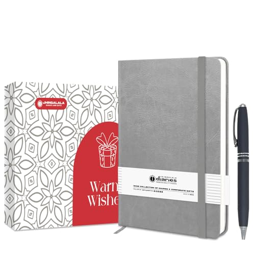 Image of Jhingalala A5 Leather Cover Hardbound Undated Journal Notebook with Pen Combo Gift | 80 GSM Premium Non-Bleeding Paper | Diary with Pen | Ideal Corporate, Diwali & New Year Gift (Grey)