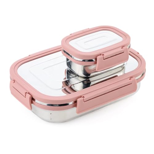 Image of BLLUEX Stainless Steel Tiffin Lunch Box with 4 Side Silicone Sleeve Clip Lock Lid, Food Storage Containers, Leak-Proof Bento Box Ideal for Work, School & Travel, 2 Containers (750ml and 250ml) - Pink