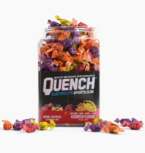 Quench Gum Variety Tub, Electrolytes Chewing Gum for Athletes and Sports Trainers, New Assorted Fruity Flavors, 300 Pieces