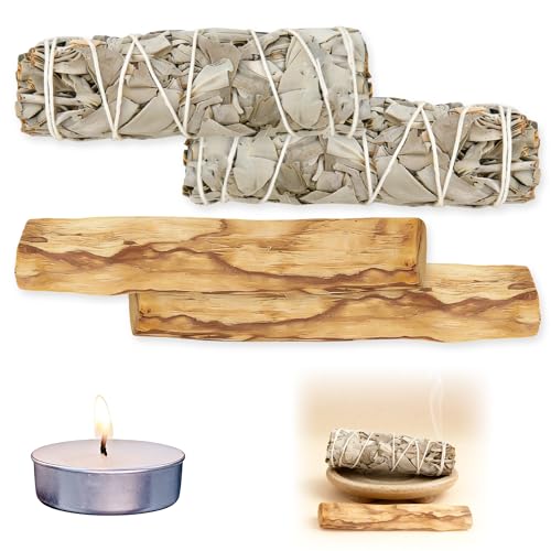 2 salvia blanca y 2 Palo Santo Premium californiano, 100 % natural, cultivo controlado y sostenible, incienso tradicional, adecuado para expulsar la energía negativa