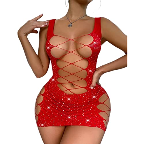 Lavilly Robe de lingerie sexy en résille avec strass brillants pour femme, Rouge, taille unique Cover