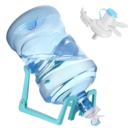 JUXYES Gallon Water Jug Holder Stand and Water Dispenser Valves, Collapsible Water Dispenser Stand and Water Jug Cap Bottle Spout Valve for 3-5 Gallon Non Threaded Crown Top Drinking Bottle