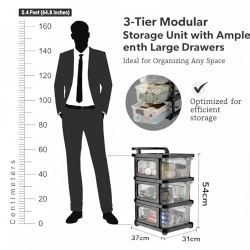 Image of KITCHIVO Heavy Duty Plastic Storage Drawer with Wheels | Modular Cabinet for Bedroom, Office, Home or Classroom| Chest of Drawers Organiser for Cosmetics, Kitchen items, Toys (Transparent, 3)