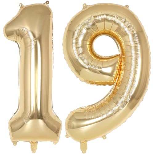 Image of Champagne Gold Large Number 19 Balloon, 40 Inch Light Gold Foil Helium Number Balloons, Giant Mylar Number 19 Balloons for 19 Years Old Birthday Party Anniversary Decorations (Champagne Gold 19)
