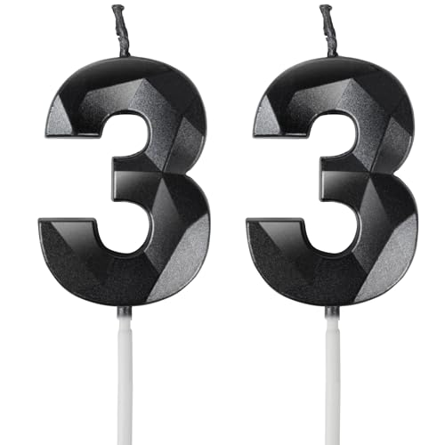 Yiran Black 33rd Birthday Candles, Black Number 33 Happy Birthday Candles, Cake Topper Decorations for Birthday Party, Wedding Anniversary Celebration Supply