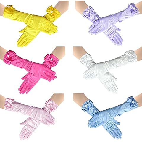 6 Pairs Girls Princess Long Gloves, Gorgeous Silky Satin Dress Up Costume Gloves with Bows, JOENCOST Solid Color Kids Formal Gloves for 3-8 Years Kids Birthday Wedding Holiday Party Banquet Tea Party Cover