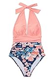 monokini pink and white Herausnehmbare Softpads CUPSHE Damen Badeanzug Neckholder Bauchweg Strandmode Tiefer V Ausschnitt Blumenmuster Einteilige Bademode Swimsuit Pink floral XXL