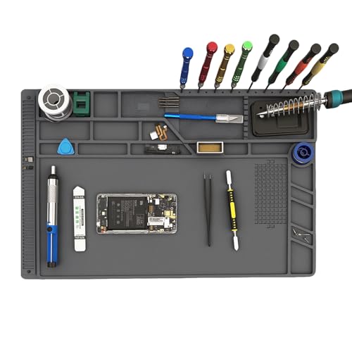 FLYQUEE Large Silicone Soldering Mat 21.6x13.8 Heat Resistant 932F Anti-Static Magnetic Workbench Pad with Scale Ruler Screw Slots & Tool Organizer for Electronics PCB Phone