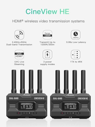Image of Accsoon CineView HE Wireless Video Transmission HDMI Transmitter&Receiver Dual-Band 60ms Latency 1200FT Range UVC Livestreaming 4 Devices Monitoring, Compatible Cineview M7 Pro /SE /2 SDI for Filmmaking