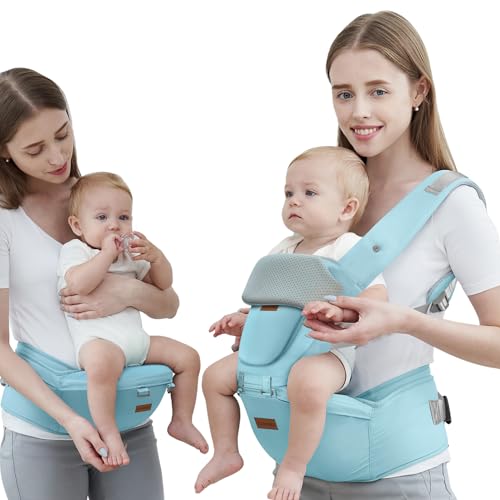 Baby Carrier with Hip Seat, Baby Carrier Newborn to Toddler, 6-in-1 Ways to Carry, All Seasons, Adjustable Baby Holder Carrier for Breastfeeding(Baby Blue)