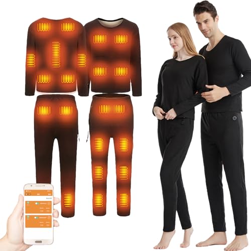 TOVCHEI 22-Zone Heated Underwear Set for Men Women Smart Electric Heated Thermal Underwear Baselayer Long-Sleeved Shirt Pants,Black,S