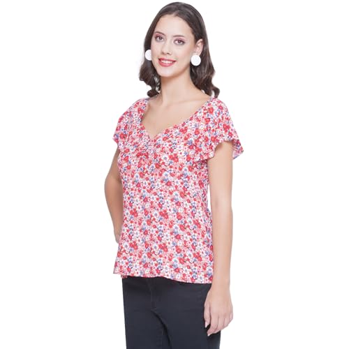 Image of Women Floral Printed Top | Short Sleeve Casual Summer Wear | Soft Breathable Fabric | Stylish Regular Fit Tunic for Women & Girls