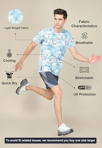 Image of TECHNOSPORT Men's Polyester Slim Fit All Over Print Crew Neck Half Sleeve T-Shirt with Technocool+,SPF50+ and Quick Dry