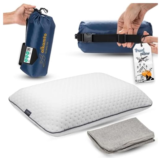 alkamto Reisekissen - Camping Kissen - Memory-Schaum mit extra Baumwolle Überzug – inklusive Tasche – Orthopädisches Nackenstützkissen Visco Schaum–Temperatur Regulierung (40 x 25 x 10 cm)