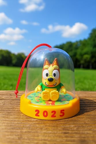 Image of Bluey Ornament Pack of 2, Poseable Mini Figures in Sweaters | Converts from tree decoration to toy figure, gold base, 2025 dated; Bluey Christmas gift for kids ages 3+