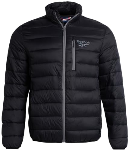 Reebok Mens Winter Jacket - Windproof Water Resistant Quilted Winter Coat - Lightweight Insulated Puffer Jacket for Men, Size Large, Black