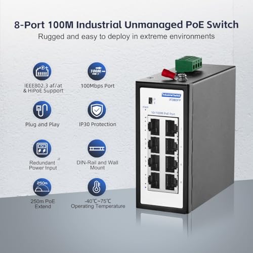 Image of 8 Port Mini PoE+ Industrial Switch, 10 /100Mbps Fast Ethernet, Din Rail & Wall Mount, Unmanaged IP30 (-40~185F) Hardened YuLinca Industrial PoE Switch