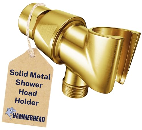 HammerHead Showers Solid Metal Handheld Showerhead Holder, Adjustable Wand Holder with Universal Wall Hook Bracket and Brass Pivot Ball, Brushed Gold